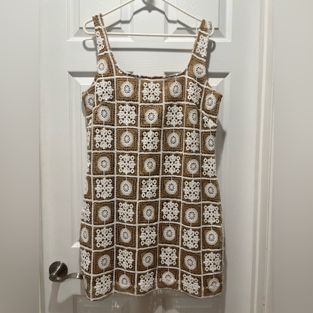LOFT Crochet Pattern Mini Dress in Cream and Brown